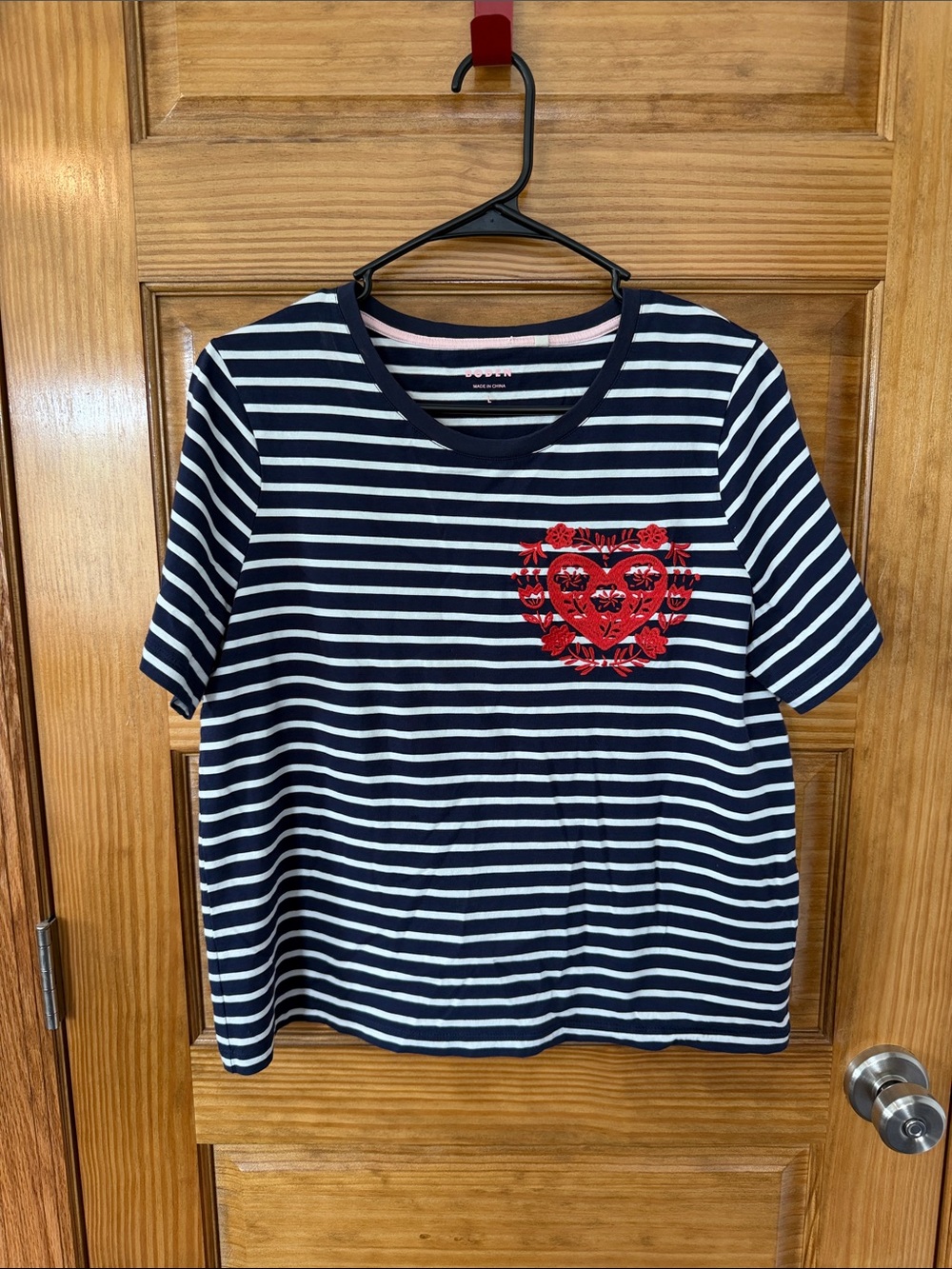Women’s Boden Navy & White Striped Tee with Red Heart Accent- Size L